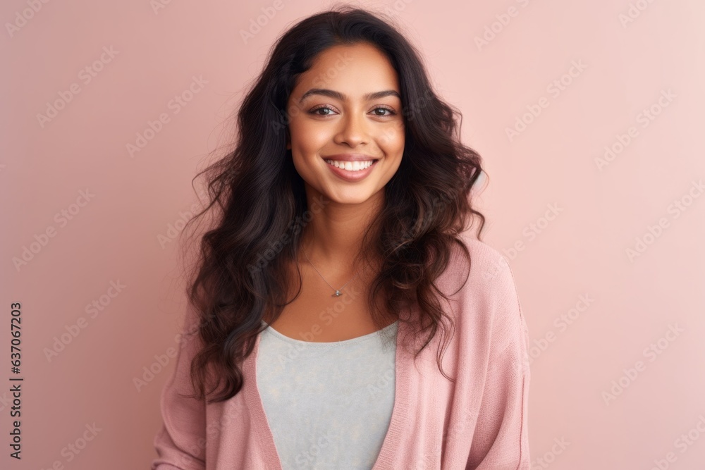 Portrait of a beautiful young woman with long curly hair on a pink background Portrait of a beautiful young woman with long curly hair on a pink background