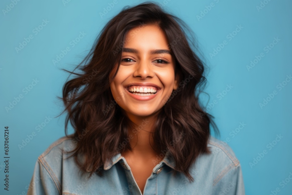 Portrait of a beautiful young asian woman smiling over blue background Portrait of a beautiful young asian woman smiling over blue background