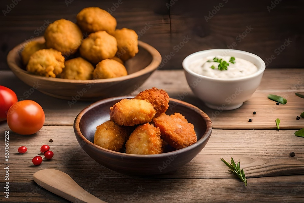Fried chicken nuggets and vegetables on wooden background