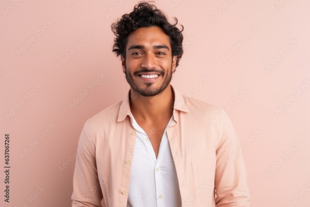 Portrait of a young Indian man with curly hair against pink background Portrait of a young Indian man with curly hair against pink background