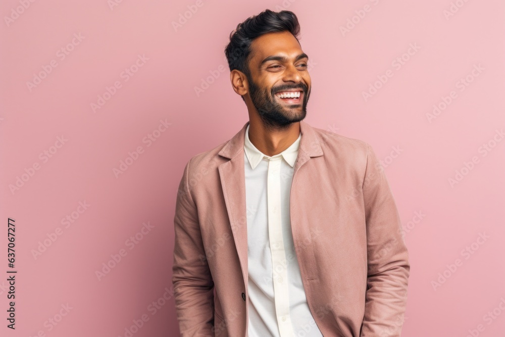 smiling indian man in jacket looking away isolated on pink background smiling indian man in jacket looking away isolated on pink background