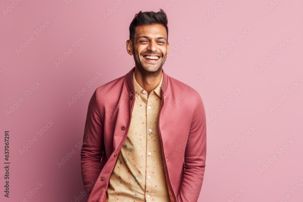 Fototapeta premium Portrait of a happy young indian man smiling against pink background