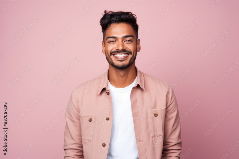 Fototapeta premium Portrait of handsome indian man smiling at camera while standing against pink background