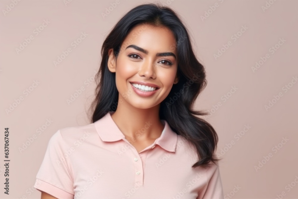 Portrait of a smiling young woman looking at camera on a beige background