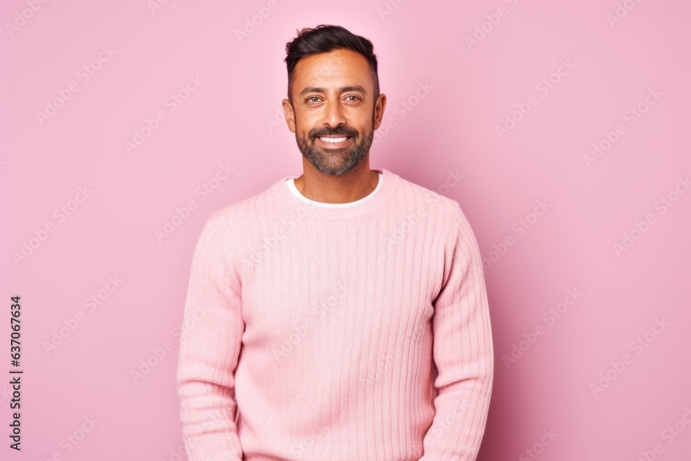 Portrait of a handsome Indian man smiling at camera while standing against pink background Portrait of a handsome Indian man smiling at camera while standing against pink background