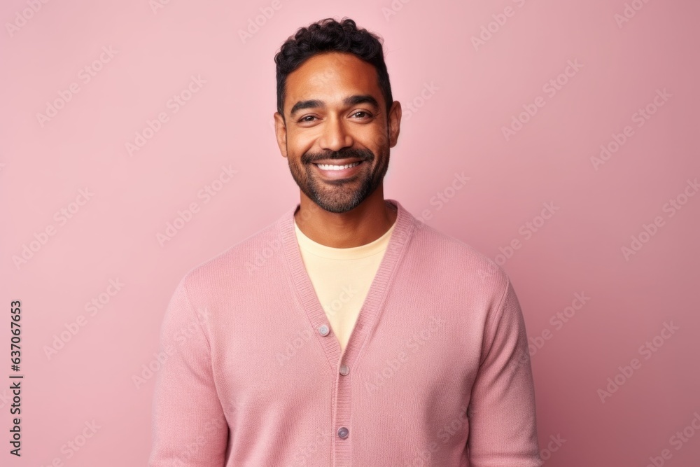 Portrait of handsome indian man smiling at camera isolated on pink background