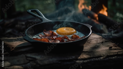 Camping breakfast with bacon and eggs in a cast iron skillet. Fried eggs with bacon in a pan in the forest. Food at the camp. Scrambled eggs with bacon on fire.