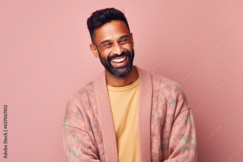 Portrait of a happy young indian man in a dressing gown on a pink background