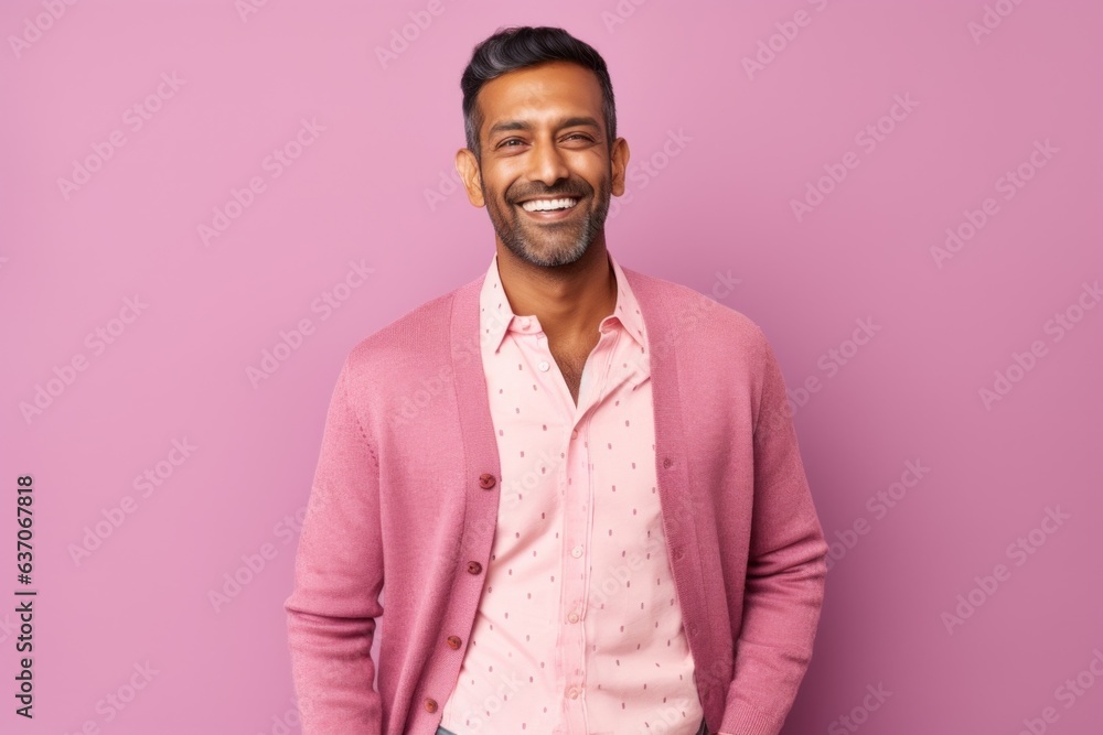 Portrait of happy indian man smiling at camera, standing against purple background Portrait of happy indian man smiling at camera, standing against purple background