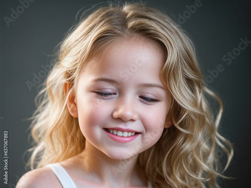Digital portrait of positive beautiful very young laughing child with curly long blonde hair