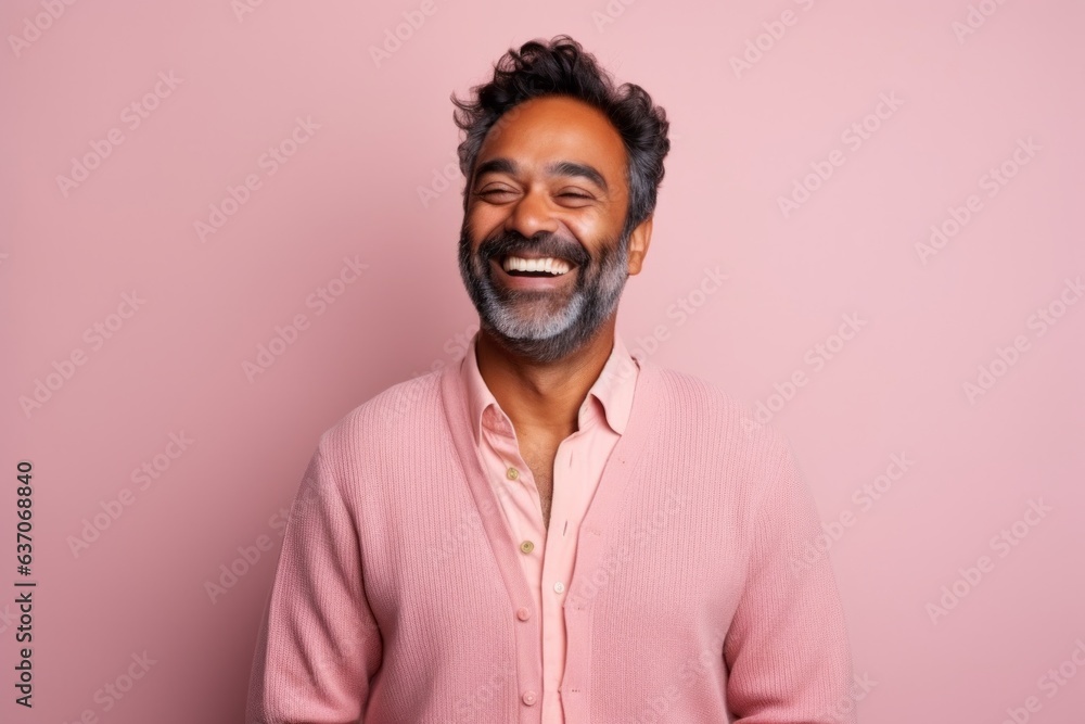 Portrait of happy indian man laughing with closed eyes on pink background Portrait of happy indian man laughing with closed eyes on pink background