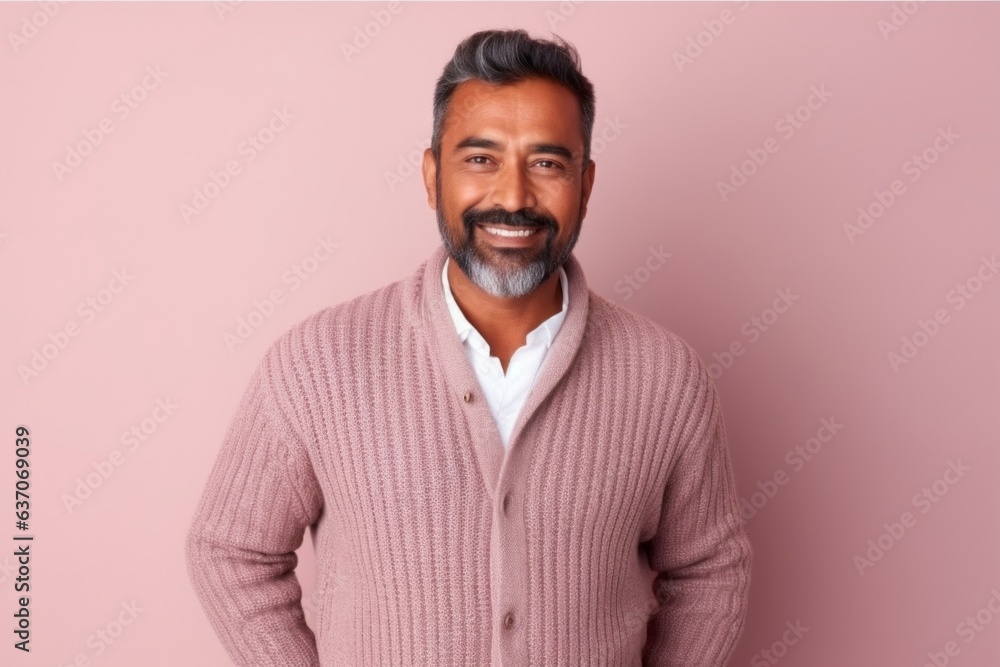 Portrait of a smiling Indian man in a pink sweater on a pink background Portrait of a smiling Indian man in a pink sweater on a pink background