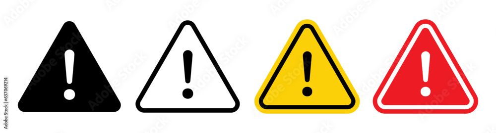 Danger warning icon set. alert triangle warn sign in black, yellow, and red color. exclamation sign.  - obrazy, fototapety, plakaty 