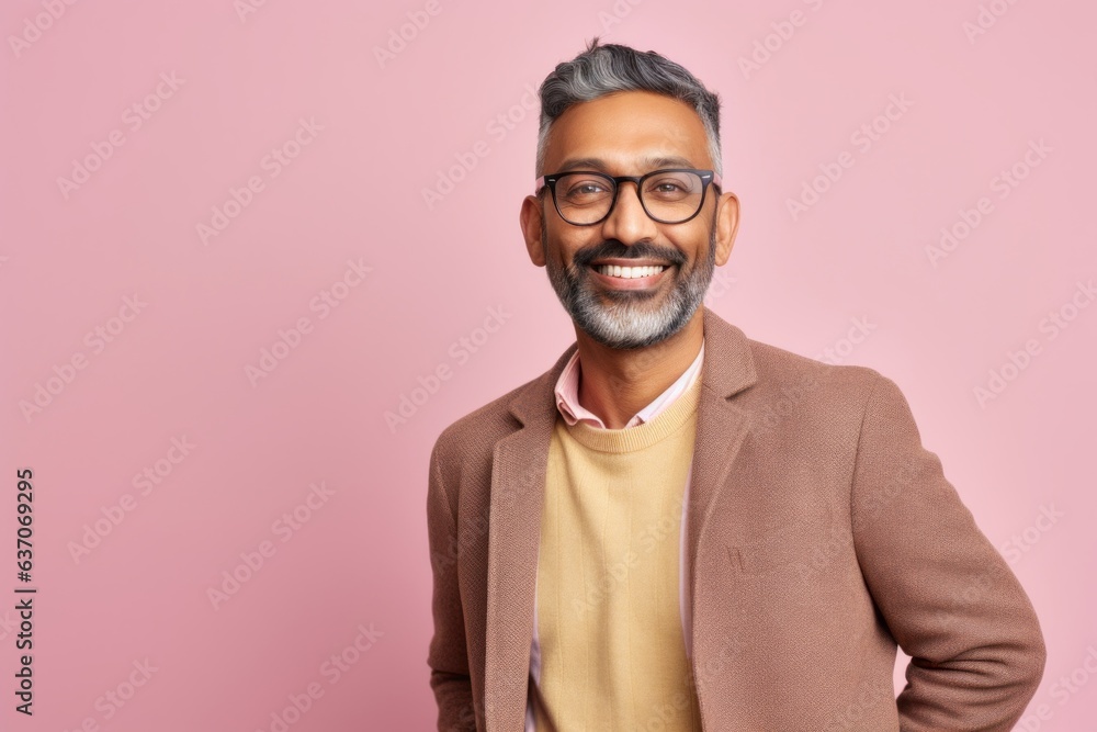 indian male in eyeglasses looking at camera and smiling on pink background indian male in eyeglasses looking at camera and smiling on pink background
