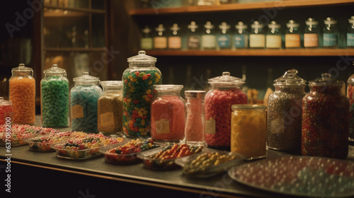 Candy store with jars full of colorful sweets.