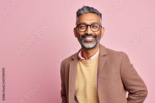 indian male in eyeglasses looking at camera and smiling on pink background