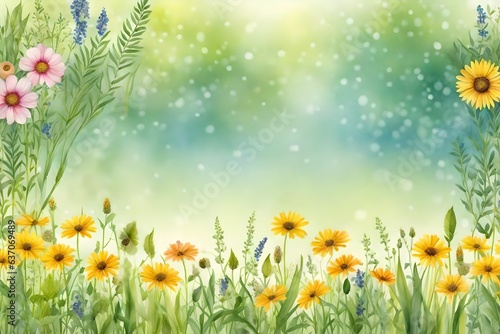 Meadow flowers, wild grasses, leaves. Repeating summer horizontal border. Floral watercolor