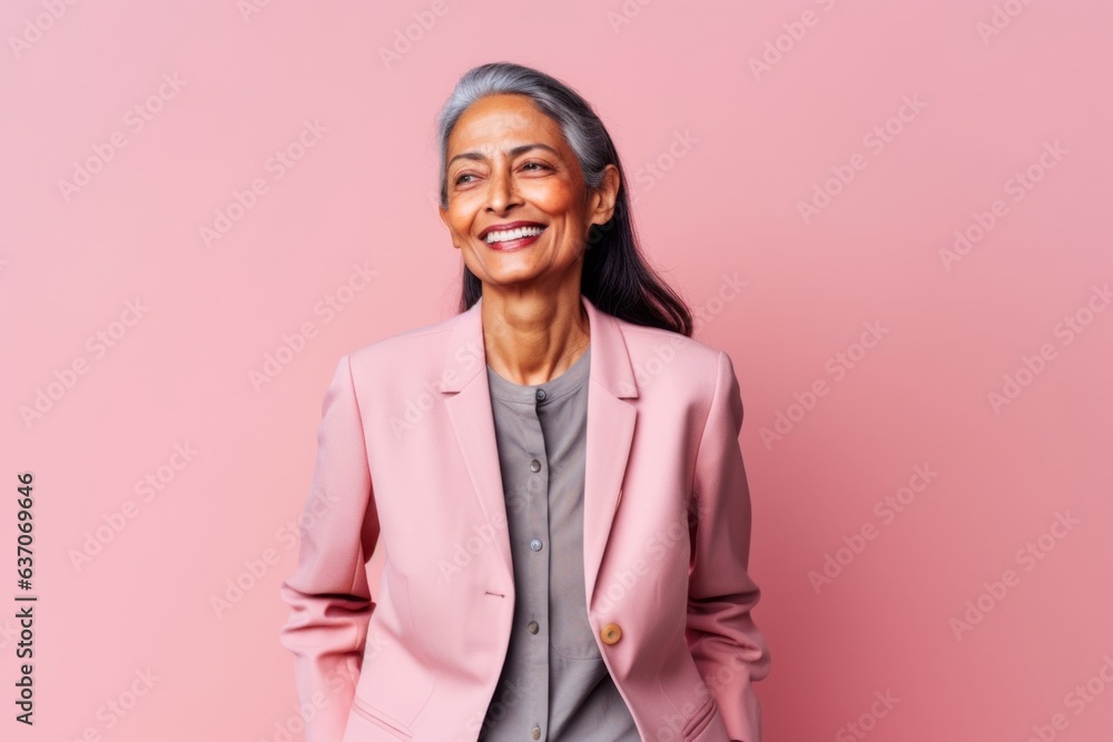 Fototapeta premium Portrait of a happy senior asian businesswoman isolated over pink background