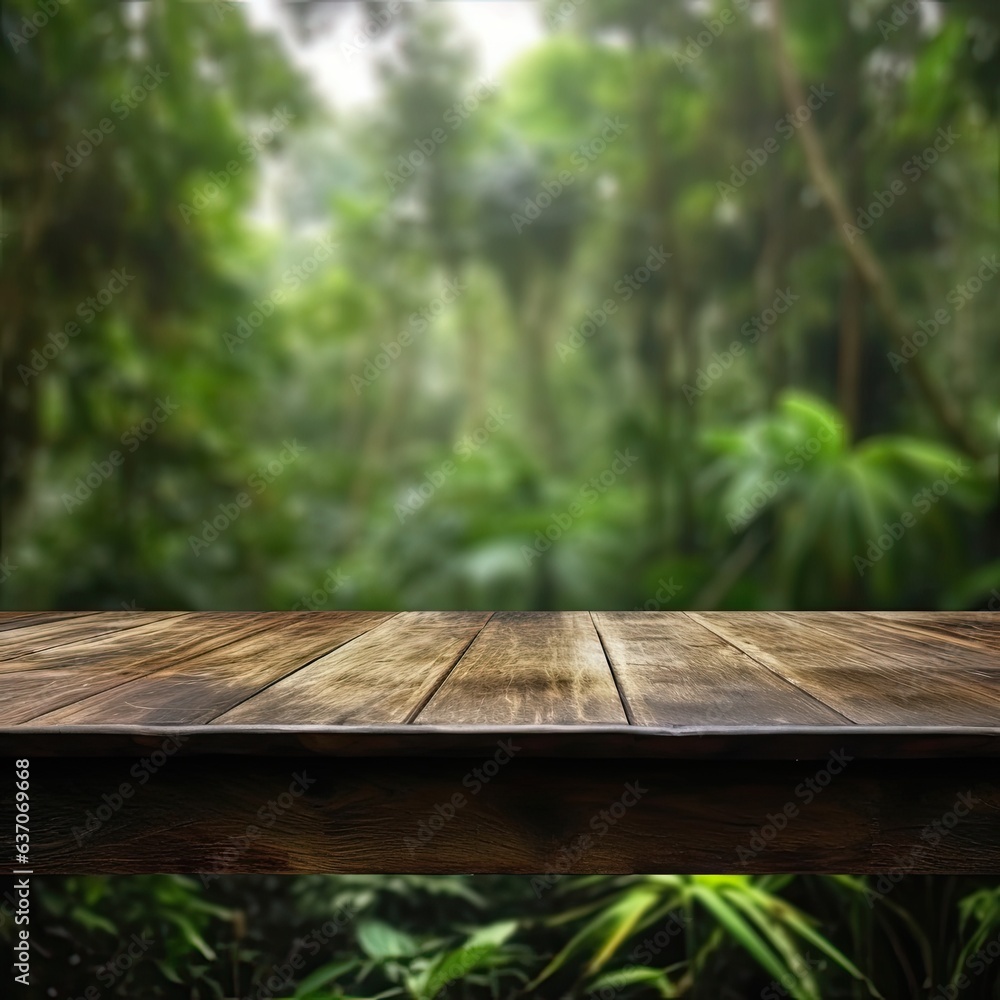 Empty wooden table top with blurred Amazon background made with Generative AI Empty wooden table top with blurred Amazon background made with Generative AI