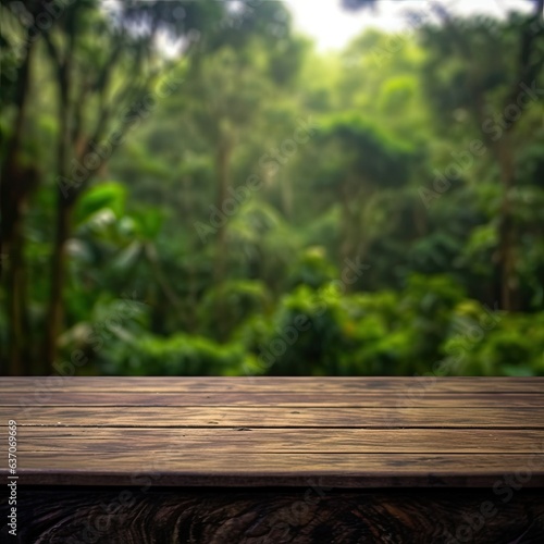 Empty wooden table top with blurred Amazon background made with Generative AI