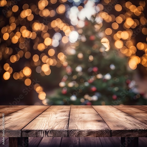 Empty wooden table top with blur background of blurred made with Generative AI