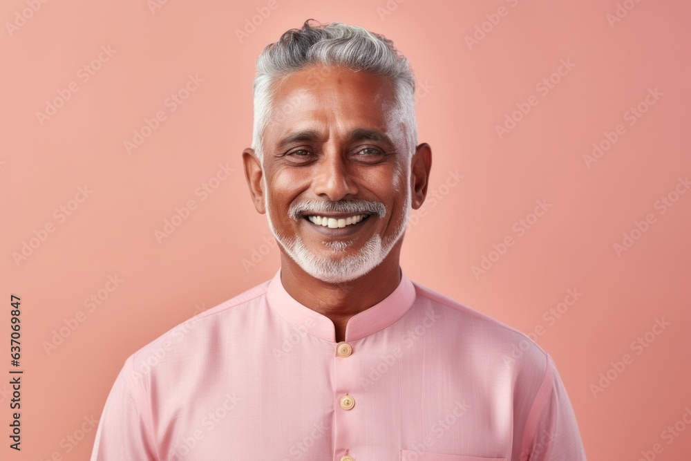 Obraz premium Portrait of a happy Indian senior man in pink shirt, isolated on pink background
