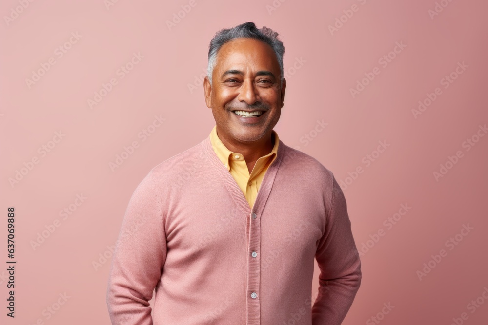 Portrait of happy mature indian man standing on pink background. Portrait of happy mature indian man standing on pink background.