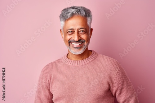 Portrait of an Indian man with grey hair and a pink sweater against a pink background