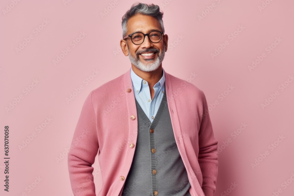 Portrait of a smiling Indian man in a pink jacket and glasses