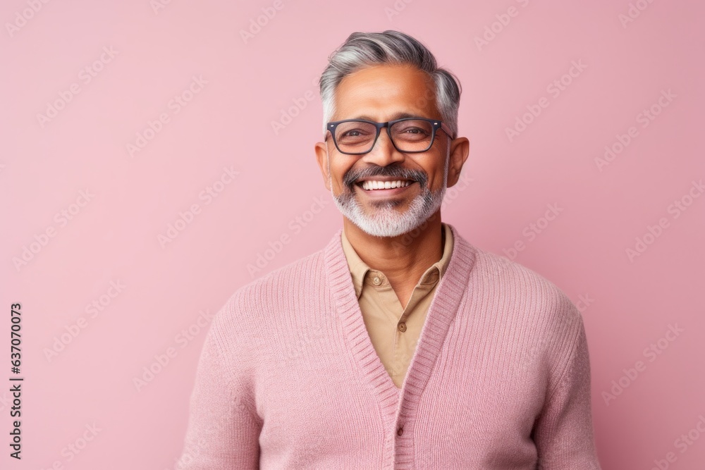 Portrait of a happy Indian senior man in pink sweater and eyeglasses