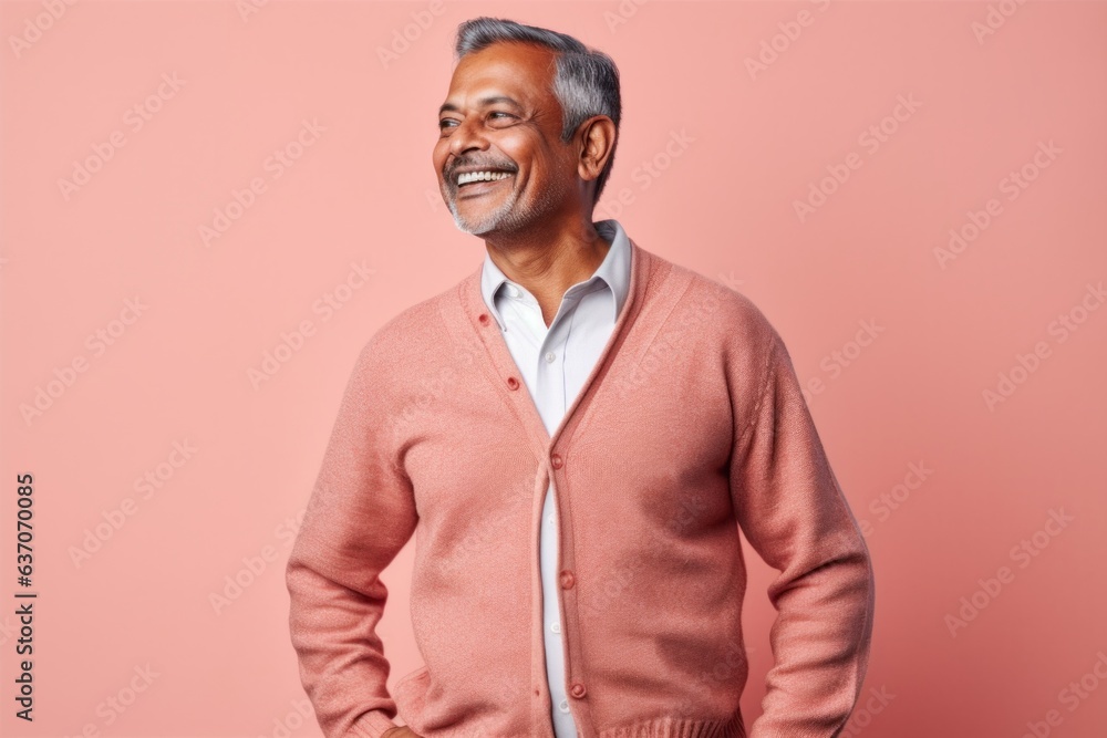 Cheerful indian senior man smiling and looking at camera while standing against pink background Cheerful indian senior man smiling and looking at camera while standing against pink background
