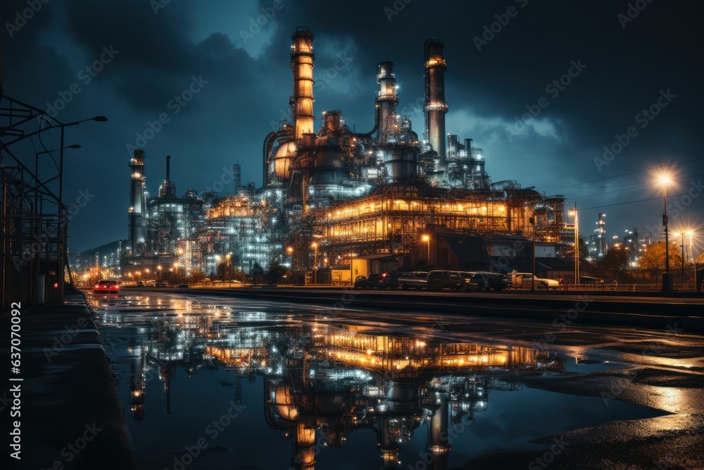 oil and gas refinery illuminated at night with neon lights