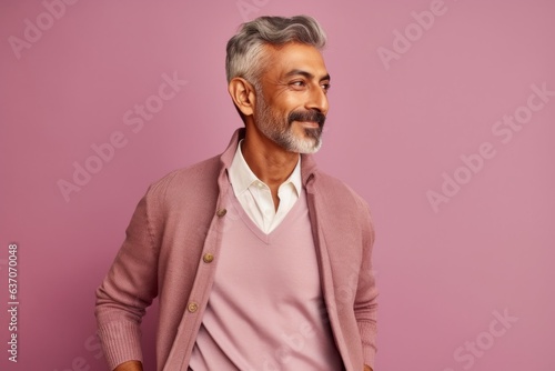 Portrait of mature Indian man looking at camera while standing against pink background © Leon Waltz