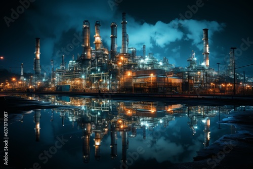 oil and gas refinery illuminated at night with neon lights
