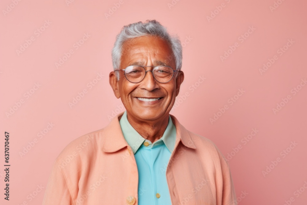 Portrait of happy asian senior man in eyeglasses on pink background Portrait of happy asian senior man in eyeglasses on pink background