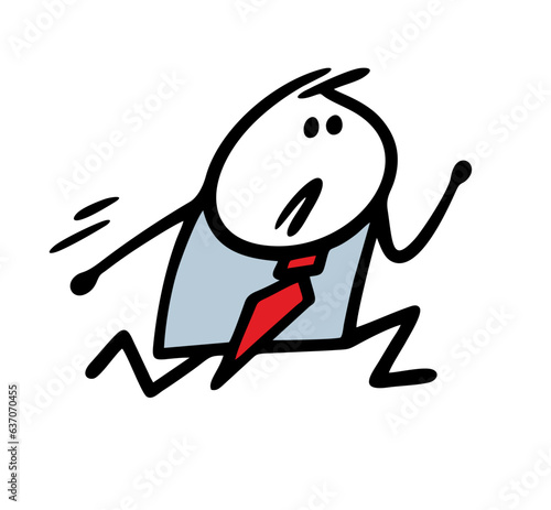 Cartoon alarmed businessman in an office suit runs, hurries to success in his career. Vector illustration of a runner in a tie at work.