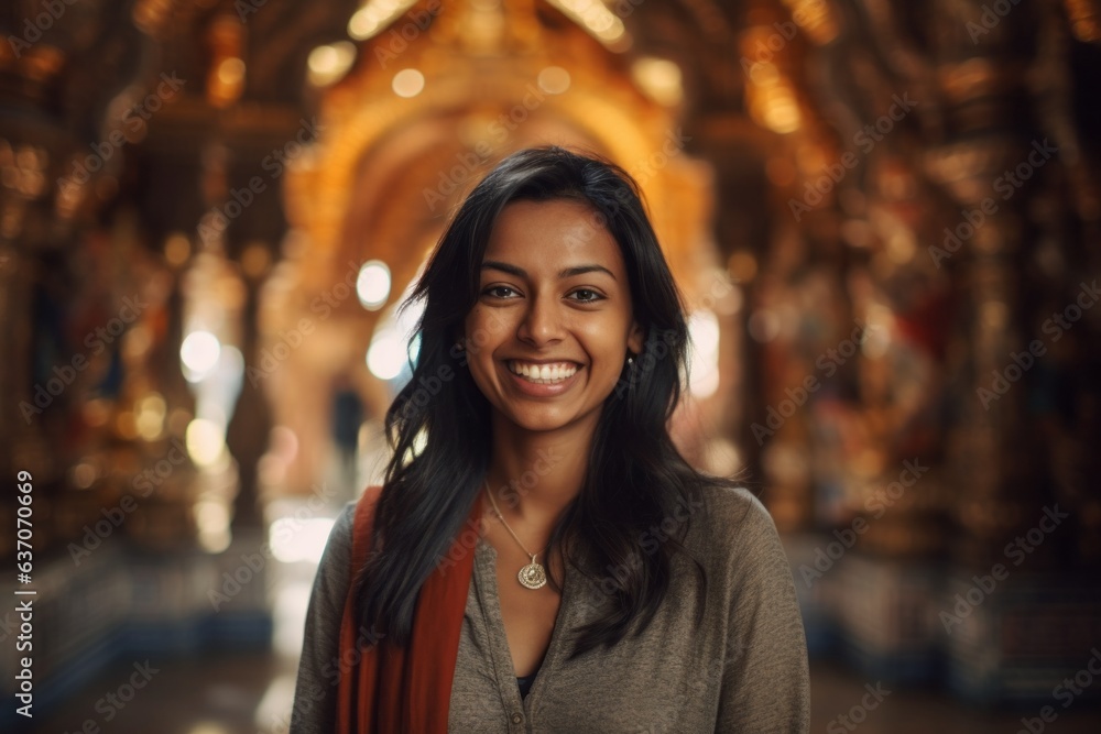 Portrait of a smiling young woman in a temple in Thailand.