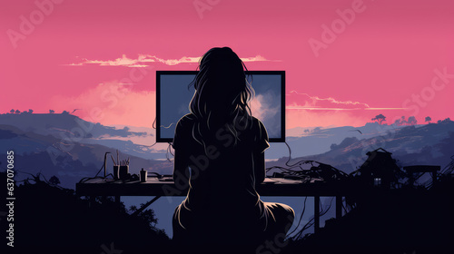the moment of the night game at the computer. A human silhouette sits in front of a monitor surrounded by a dark environment.