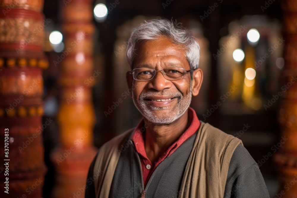 Portrait of a smiling Indian senior man with eyeglasses.