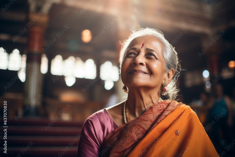 Medium shot portrait of an Indian woman in her 60s wearing traditional sari in a hindu temple