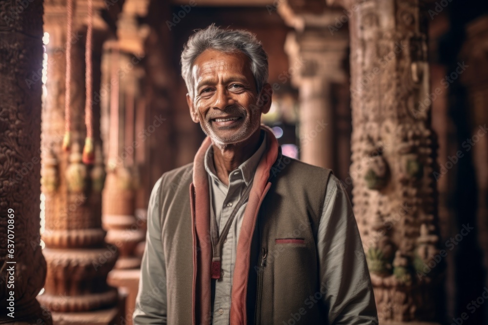 Portrait of a smiling senior man standing in front of a temple in India Portrait of a smiling senior man standing in front of a temple in India