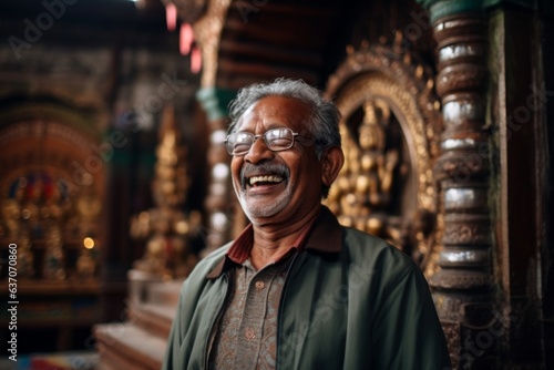 Portrait of Indian senior man smiling and looking at camera in the temple.