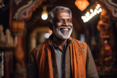 Portrait of happy mature Indian man smiling and looking at camera in temple © Leon Waltz