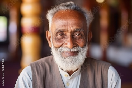 Medium shot portrait of an Indian man in his 90s wearing a cardigan in a hindu temple