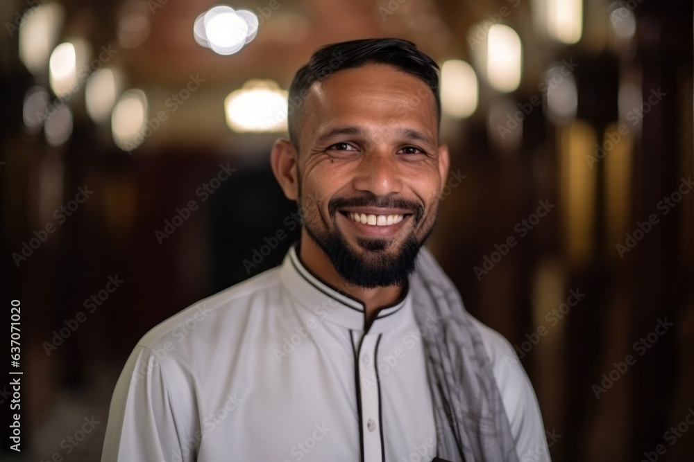 Portrait of happy muslim man smiling at camera in the mosque Portrait of happy muslim man smiling at camera in the mosque