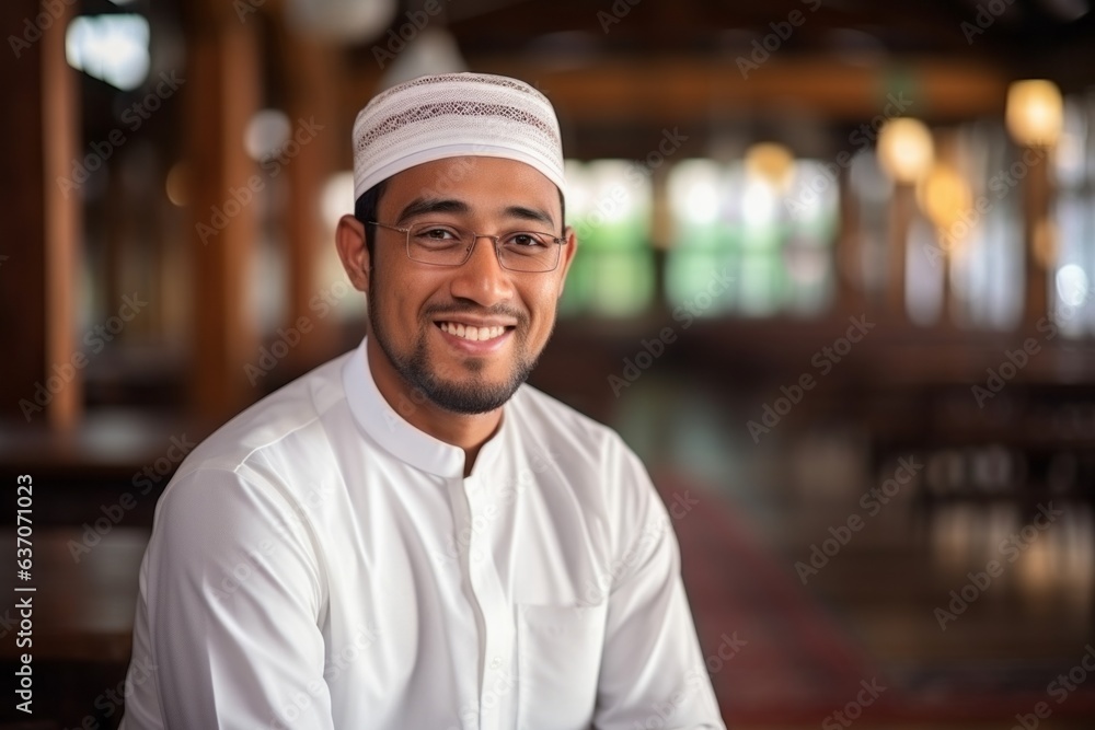 Portrait of happy muslim man smiling at the camera in mosque