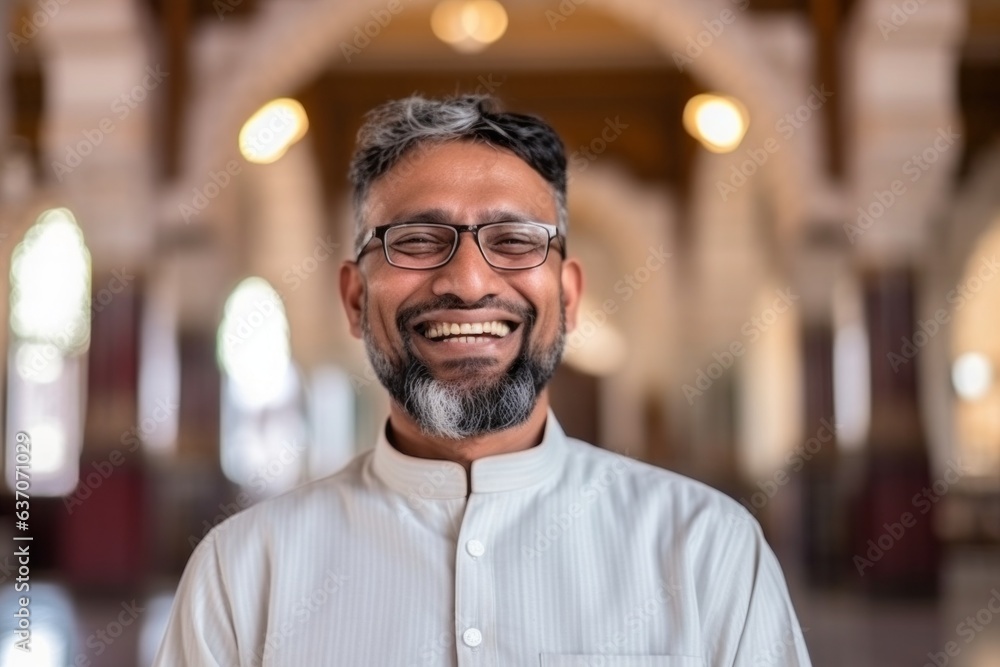 Portrait of happy mature Indian man with eyeglasses in mosque Portrait of happy mature Indian man with eyeglasses in mosque