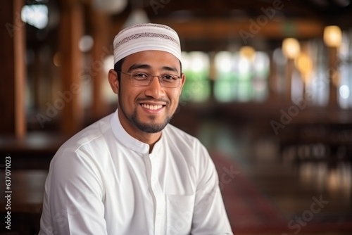 Portrait of happy muslim man smiling at the camera in mosque © Leon Waltz