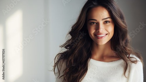 Woman with Broad Smile, White Sweater, and Long Hair 