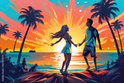 Illustration of girl and boy dancing at a rave party on the beach